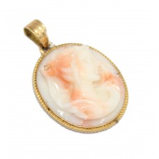 Cameo Pendant Gold Yellow Carved Pink Coral 18kt Gemstone Women's Handmade A757
